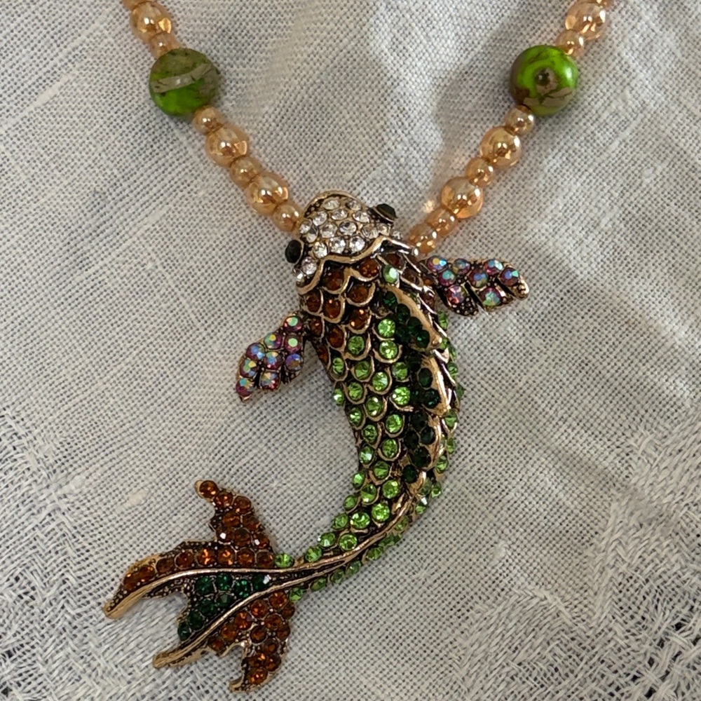 Rhinestone Fish Pendant Necklace & Earrings - Handmade